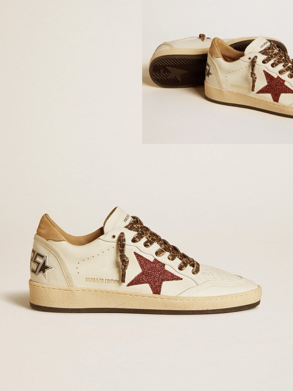 Golden Goose GGDB Women's Ball Star LTD with burgundy glitter star and beige suede heel tab