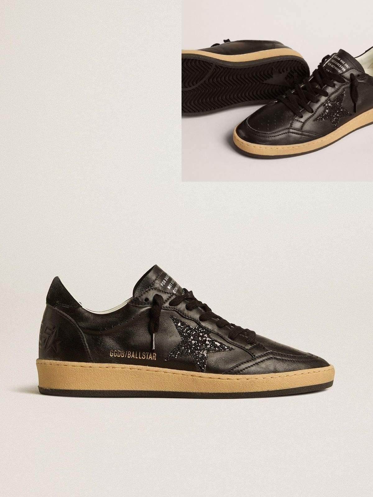 Golden Goose GGDB Women's Ball Star in black nappa with black glitter star and suede heel tab