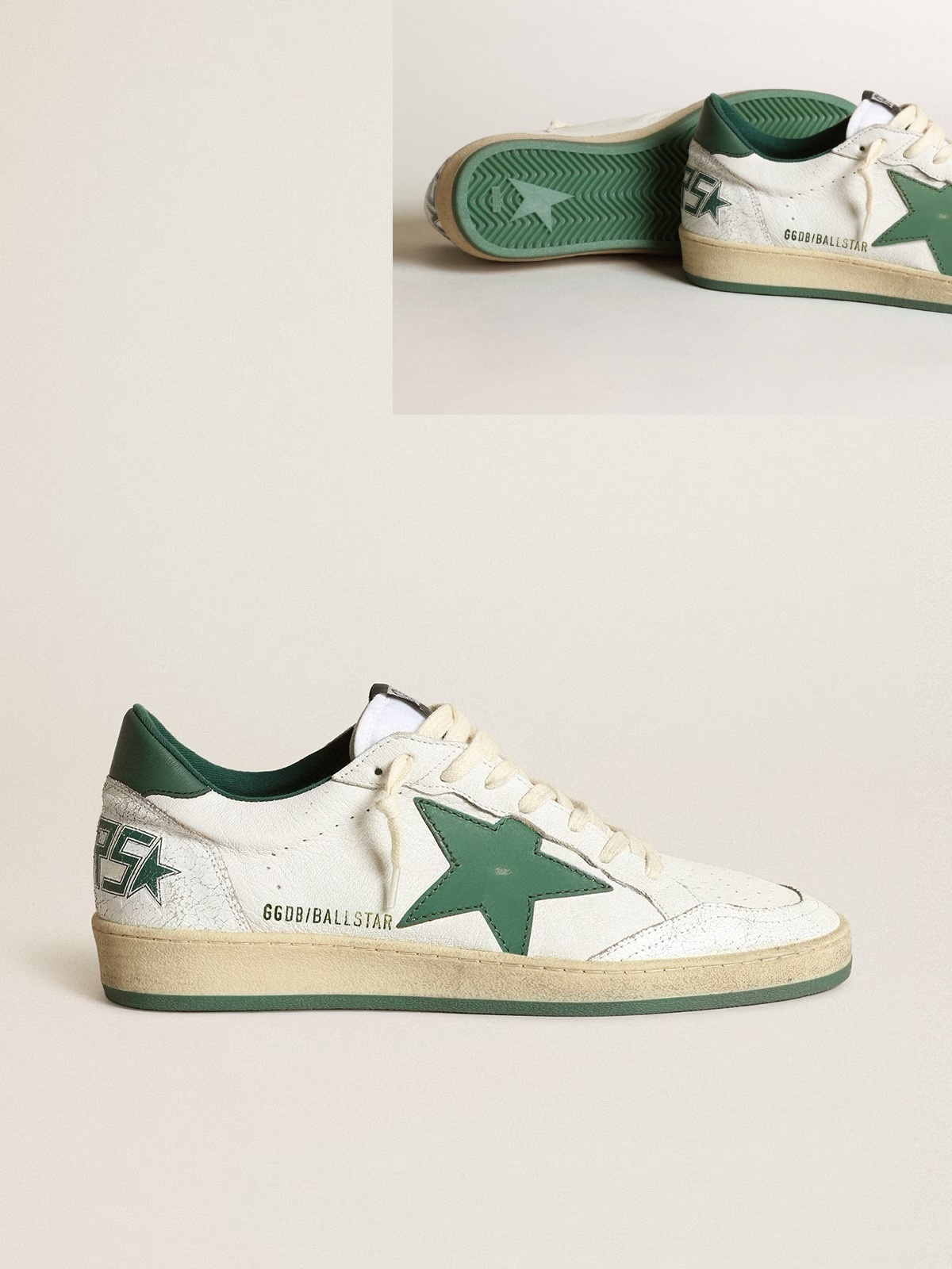 Golden Goose GGDB Men's Ball Star in white nappa leather with green leather star and heel tab