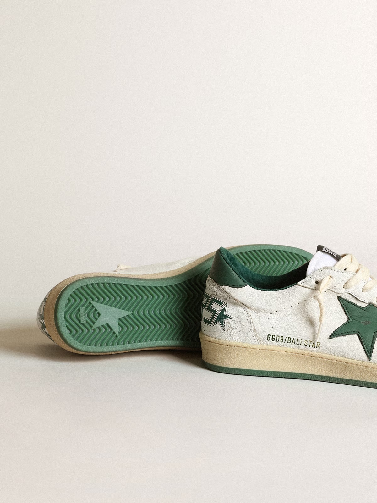 Golden Goose GGDB Women's Ball Star in white nappa leather with green leather star and heel tab