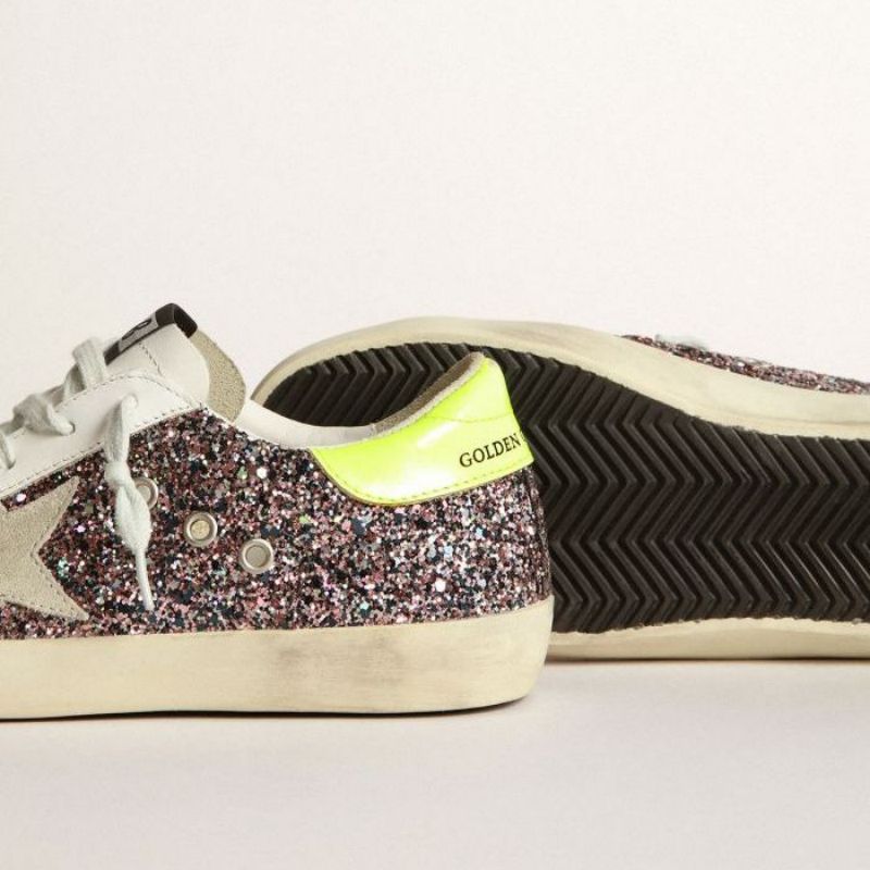 Golden Goose GGDB Super-Star sneakers in gray and pink glitter with ice-gray suede star and fluorescent yellow leather