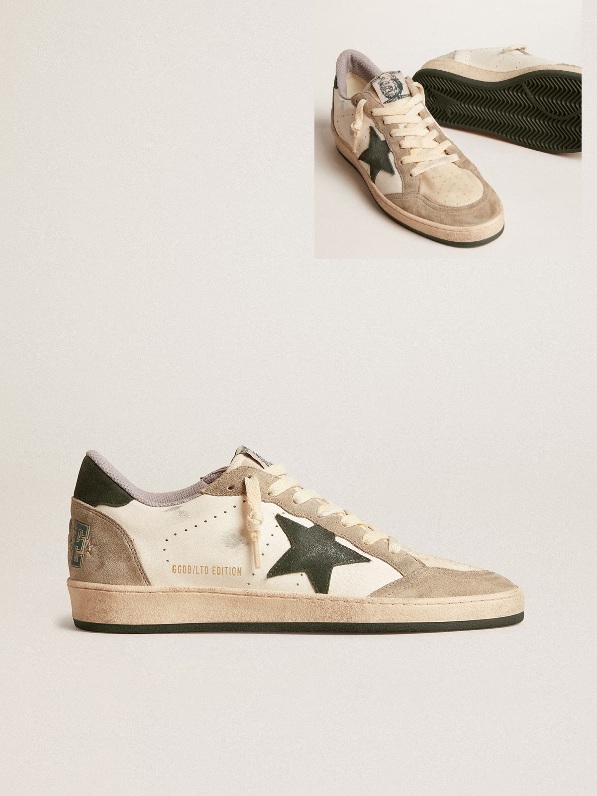 Golden Goose GGDB Men's Ball Star LTD in nappa with green star and dove-gray suede inserts
