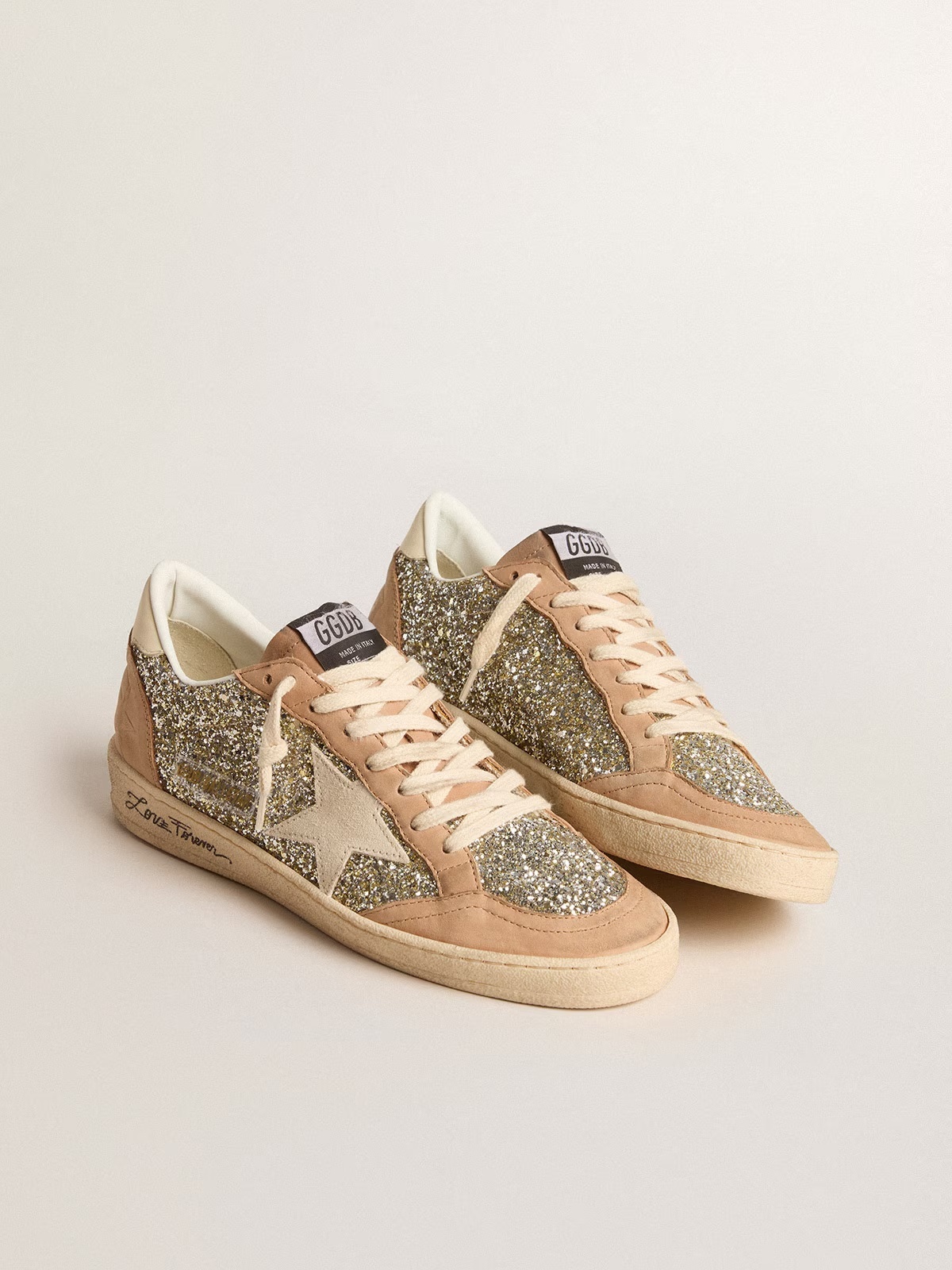 Golden Goose GGDB Women's Ball Star in platinum glitter with cream leather star and nubuck toe