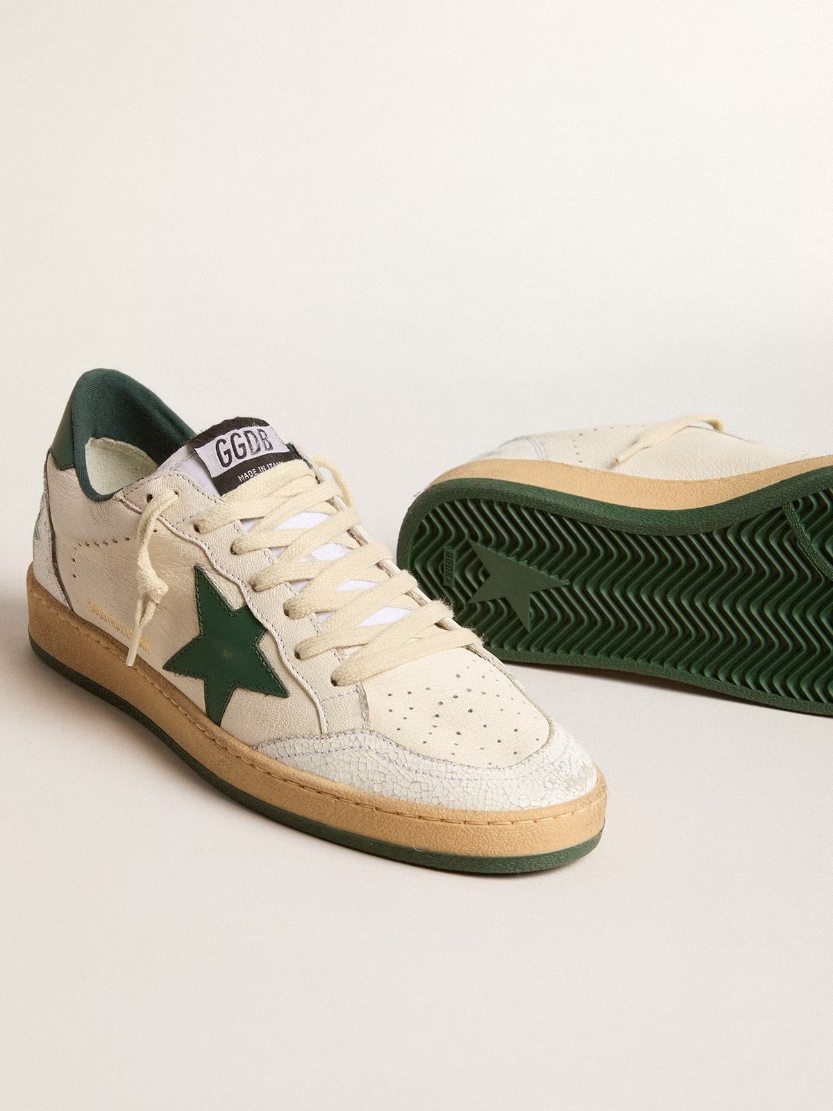 Golden Goose GGDB Women's Ball Star Wishes in white nappa leather with green leather star heel tab