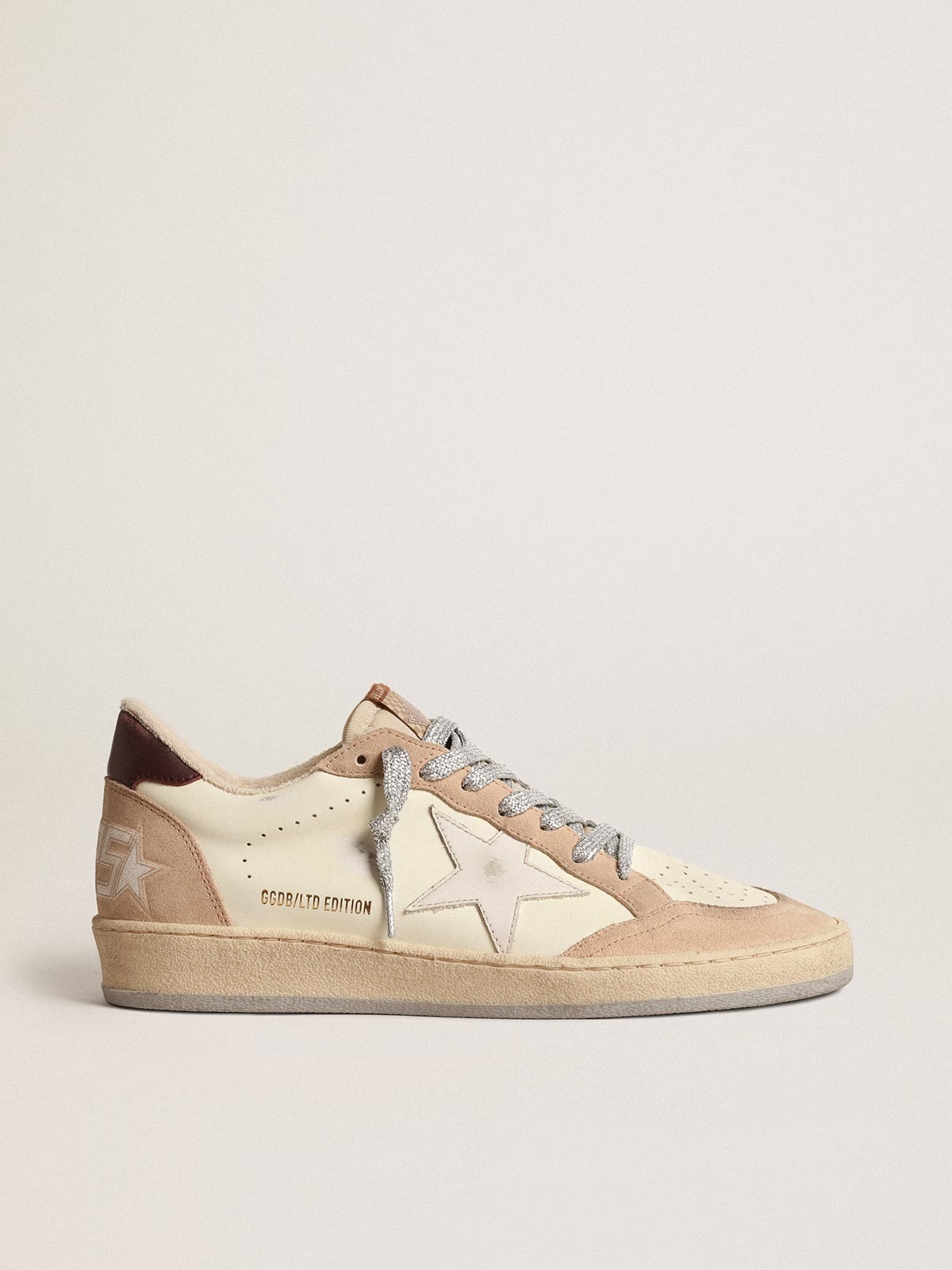 Golden Goose GGDB Women's Ball Star LTD with white star and burgundy leather heel tab