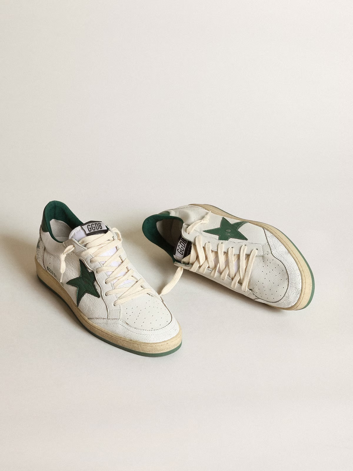 Golden Goose GGDB Women's Ball Star in white nappa leather with green leather star and heel tab