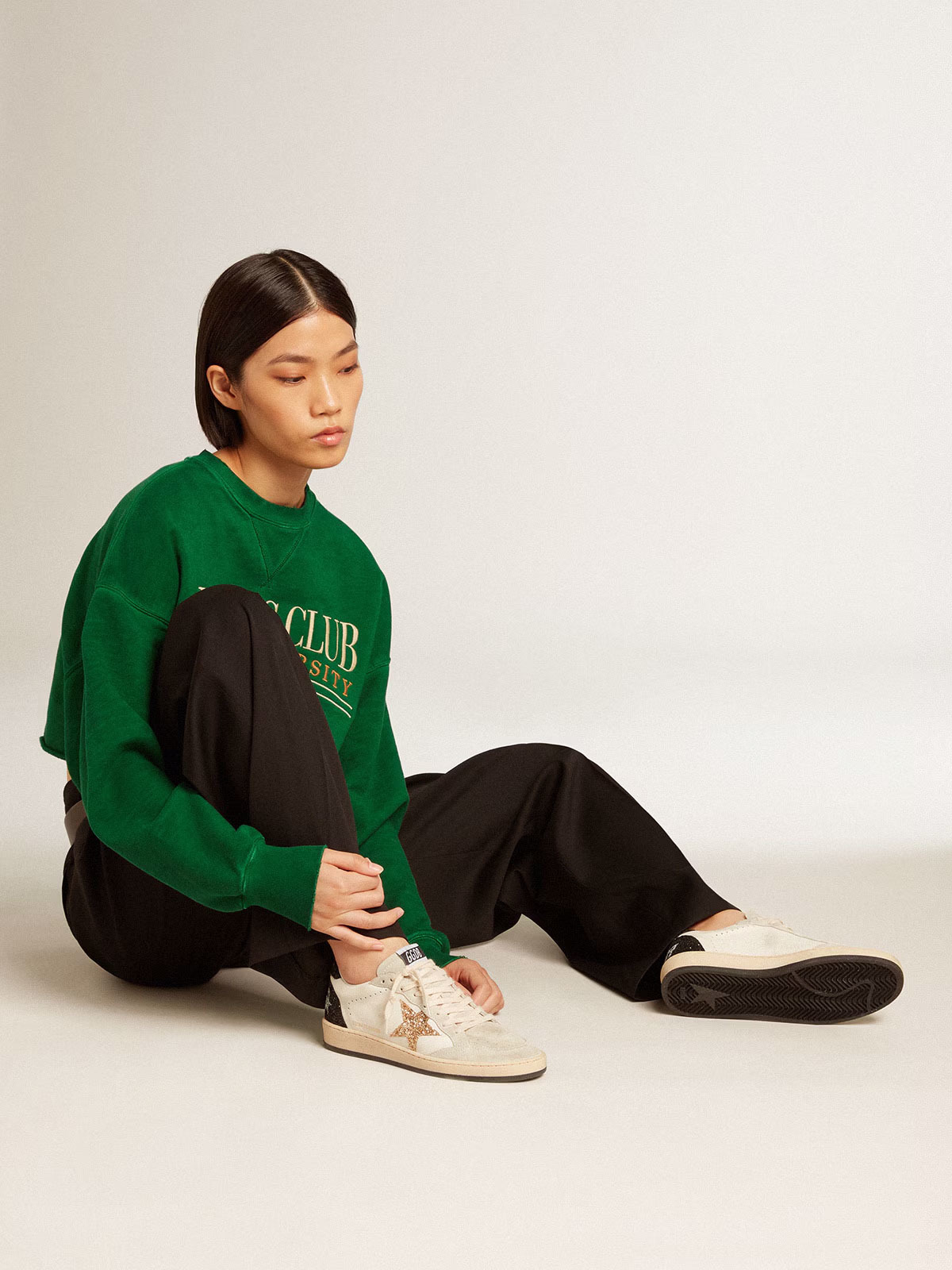 Golden Goose GGDB Ball Star in black nappa leather with black glitter star and suede heel tab