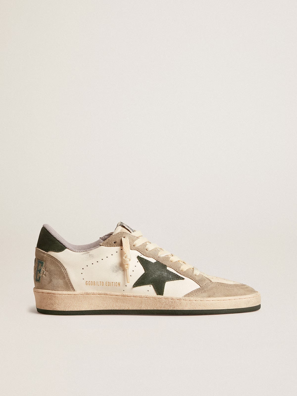 Golden Goose GGDB Men's Ball Star LTD in nappa with green star and dove-gray suede inserts