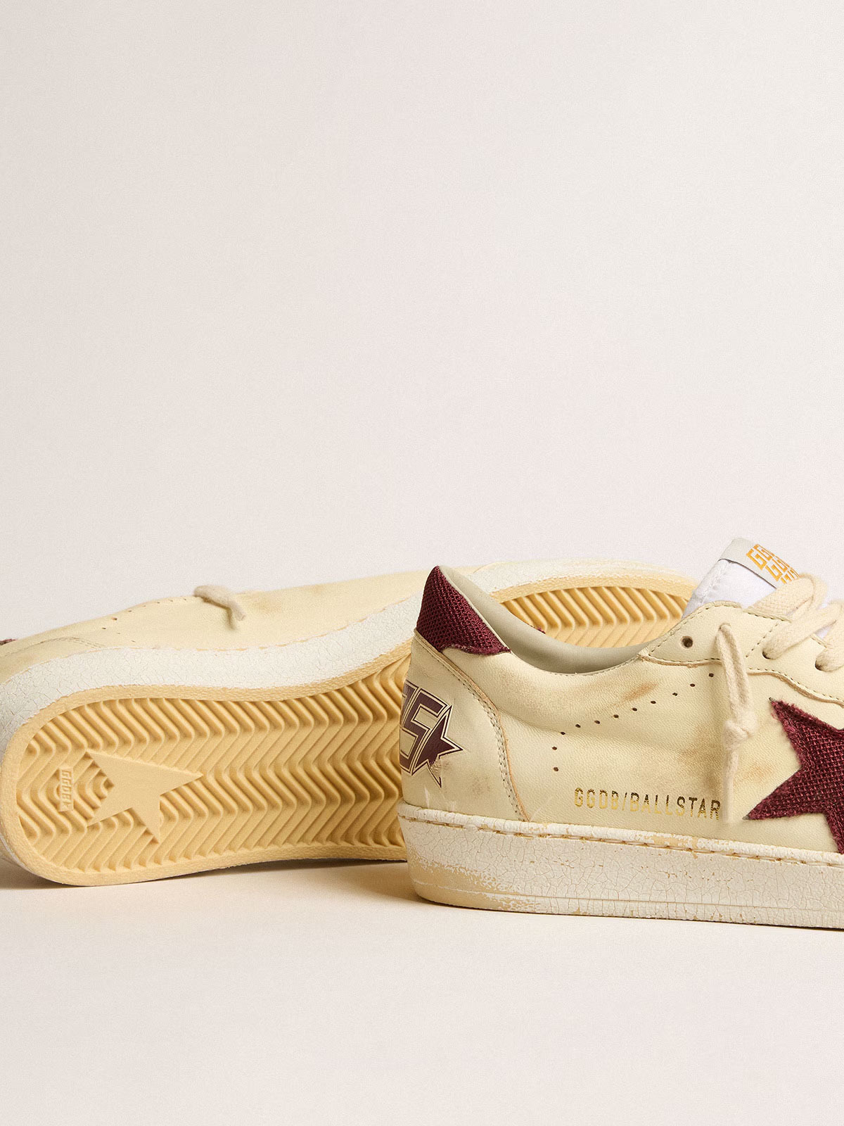 Golden Goose GGDB Men's Ball Star in beige nappa with burgundy mesh star and heel tab
