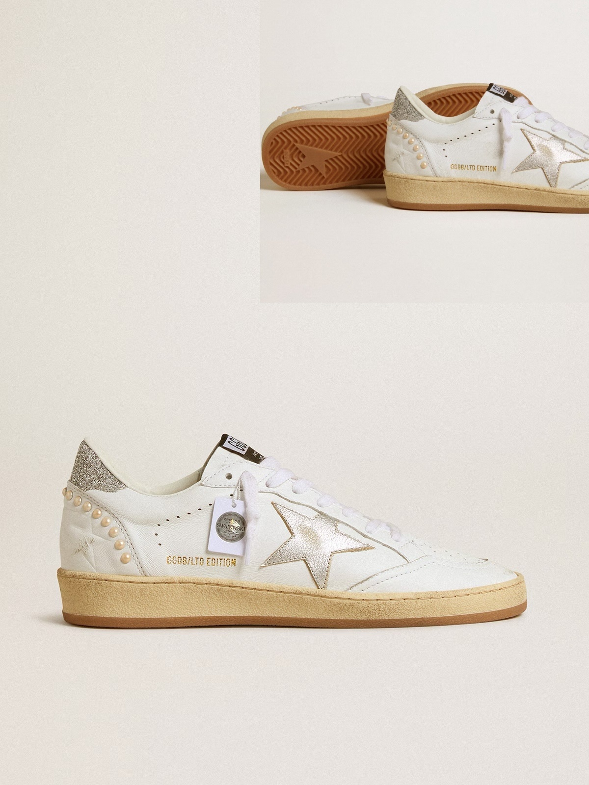 Golden Goose GGDB White Ball Star with a silver star and Swarovski crystal heel tab with pearls