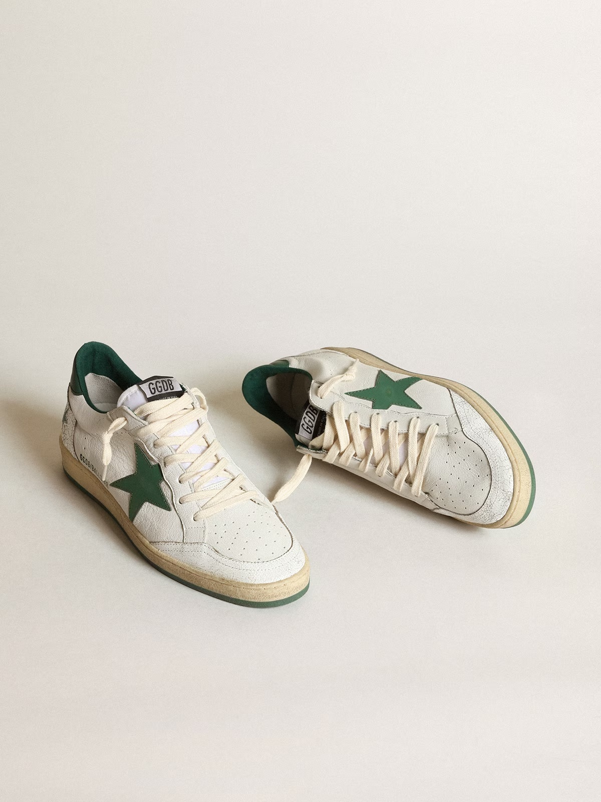 Golden Goose GGDB Men's Ball Star in white nappa leather with green leather star and heel tab