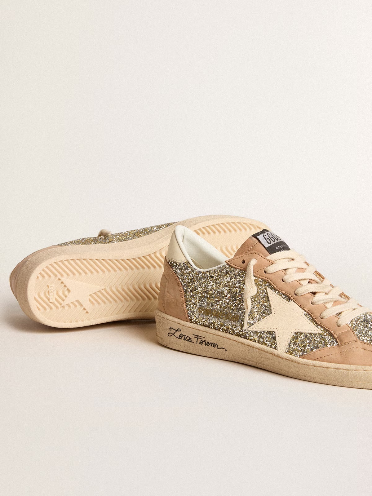 Golden Goose GGDB Women's Ball Star in platinum glitter with cream leather star and nubuck toe