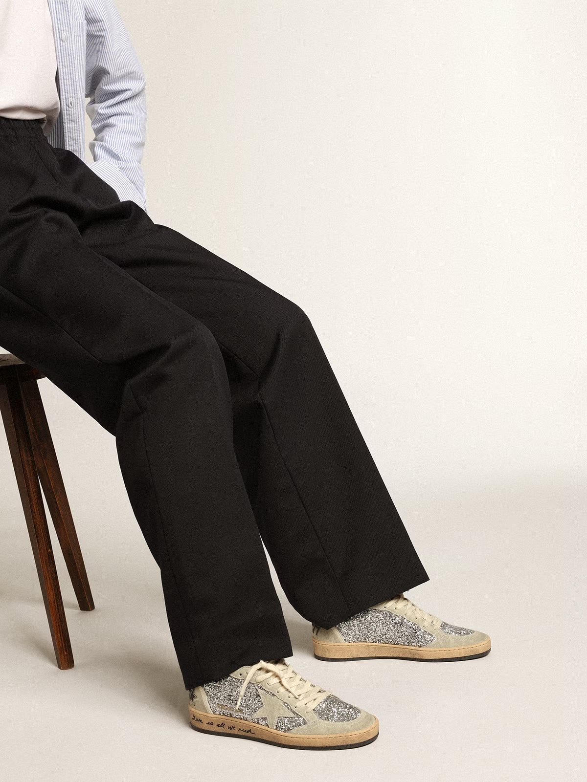 Golden Goose GGDB Ball Star in silver glitter with ice-gray suede inserts