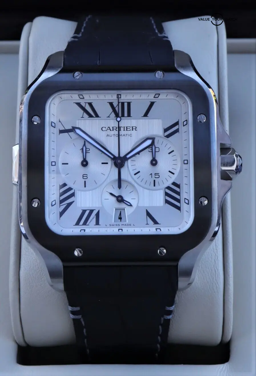 Cartier Santos De Cartier Chronograph Watch Extra-Large Model, Automatic Movement, Steel, ADLC, Interchangeable Rubber And Leather Bracelets-P17311001