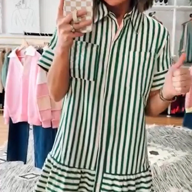 Lapel Short Sleeve Green Stripe Dress