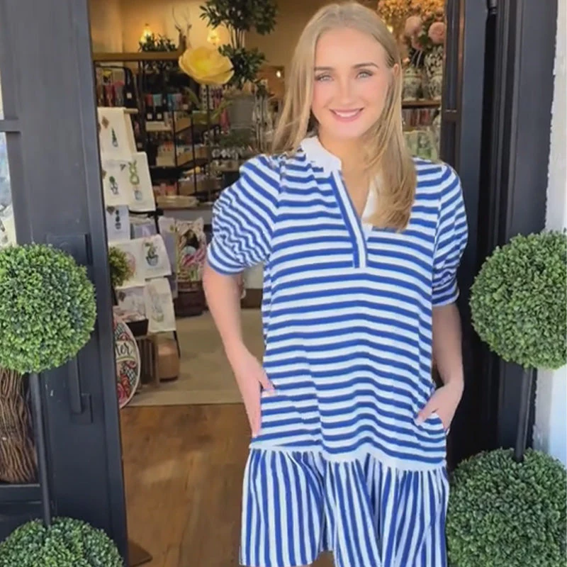 Women's Striped V-Neck Dress with Pleated Hem