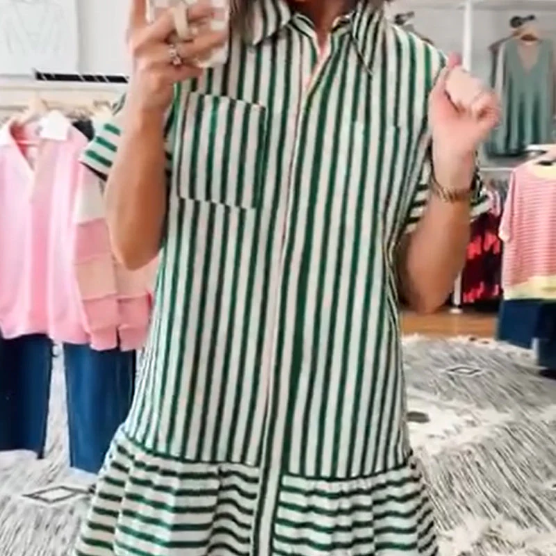 Lapel Short Sleeve Green Stripe Dress