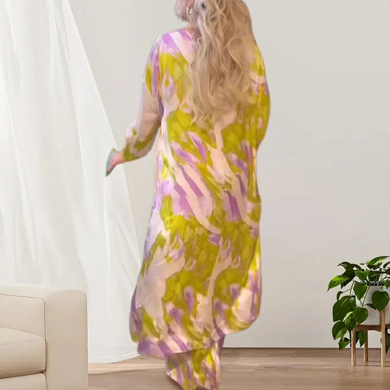 🦋Free Shipping-HOT SALE 50% OFF💖Printed Long Back-Hem Top Loose Pants 2 Piece Set