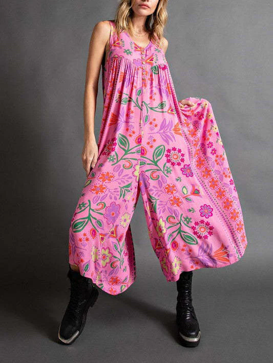 Vintage Floral Print Loose Sleeveless Jumpsuit-free shipping