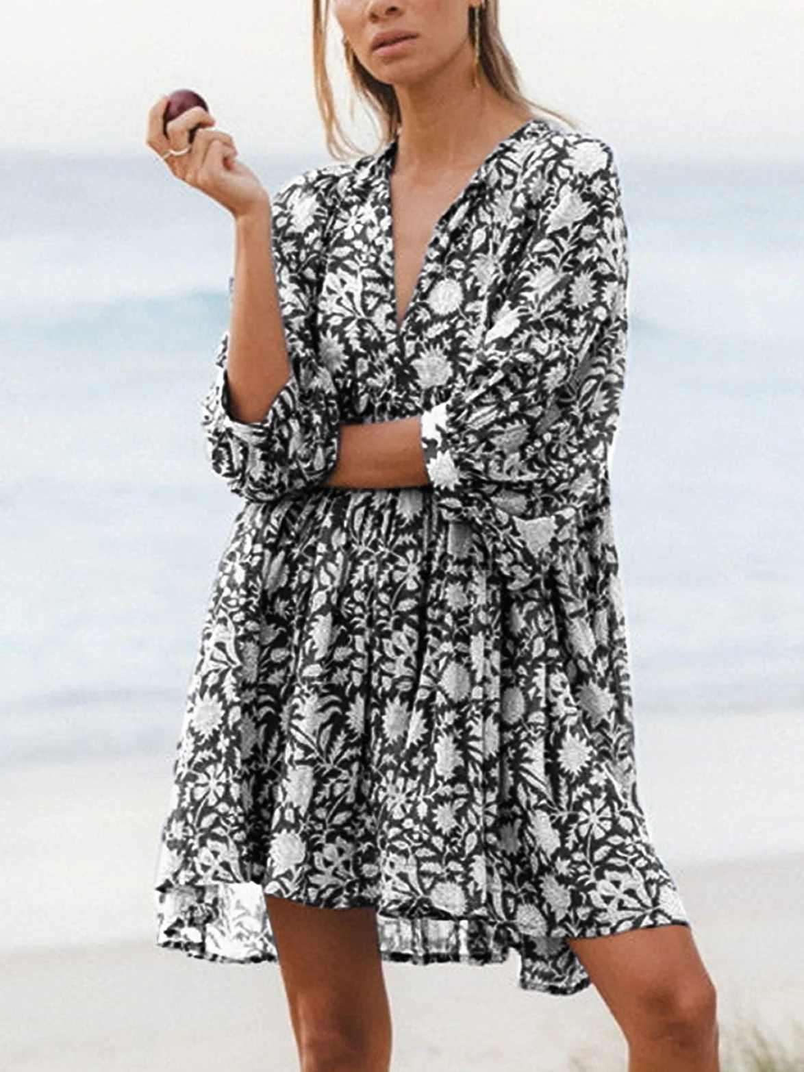 🔥Last Day Sale 49%🔥Women's V Neck Half Sleeve Floral Tunic Short Dress