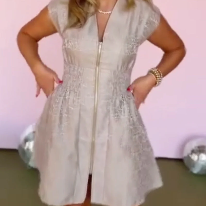 V Neck Smocked Waist Front Zip A Line Dress