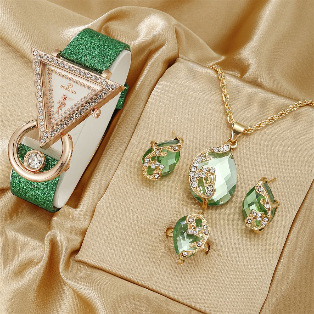 🔥HOT SALE 50% OFF🔥2025 New Inverted Triangle Diamond Frosted Leather Women's Watch Set（Includes: necklace/ring/earrings/watch）