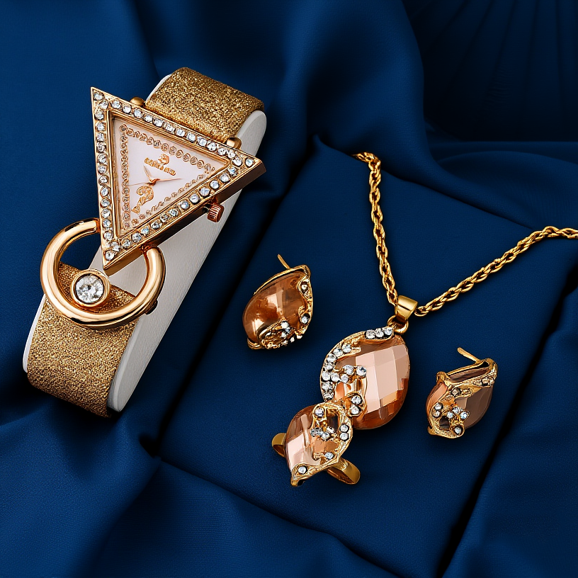 🔥HOT SALE 50% OFF🔥2025 New Inverted Triangle Diamond Frosted Leather Women's Watch Set（Includes: necklace/ring/earrings/watch）