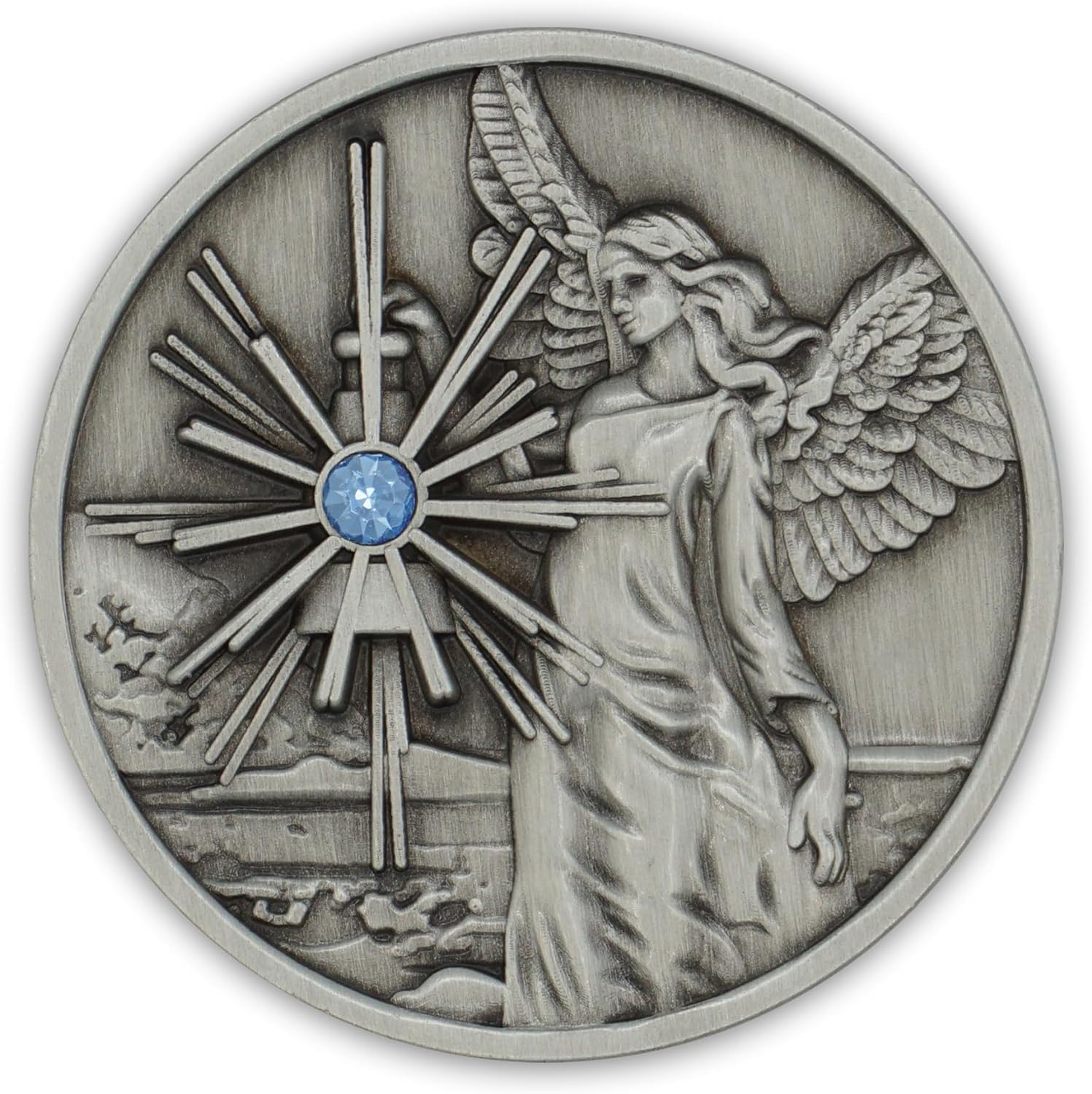 Pewter Guardian Angel Coin Affirmation Gift Token Medallion with Aqua Crystal Gemstone and Angel Prayer on Back