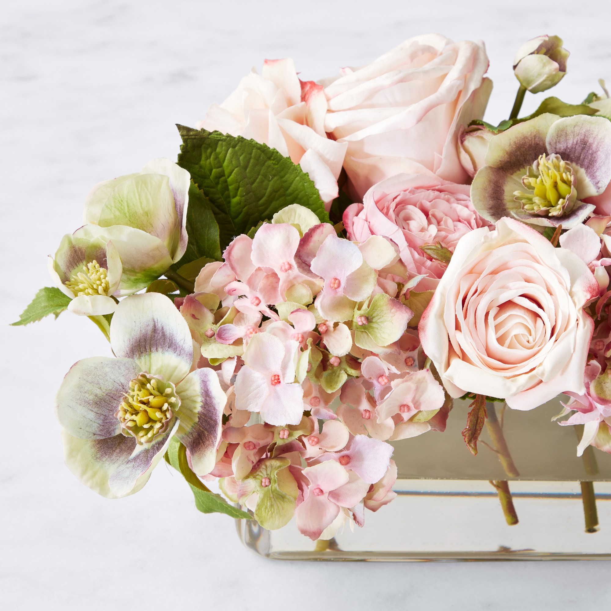 Faux Spring Rose & Hydrangea Floral Arrangement, Tablerunner Vase
