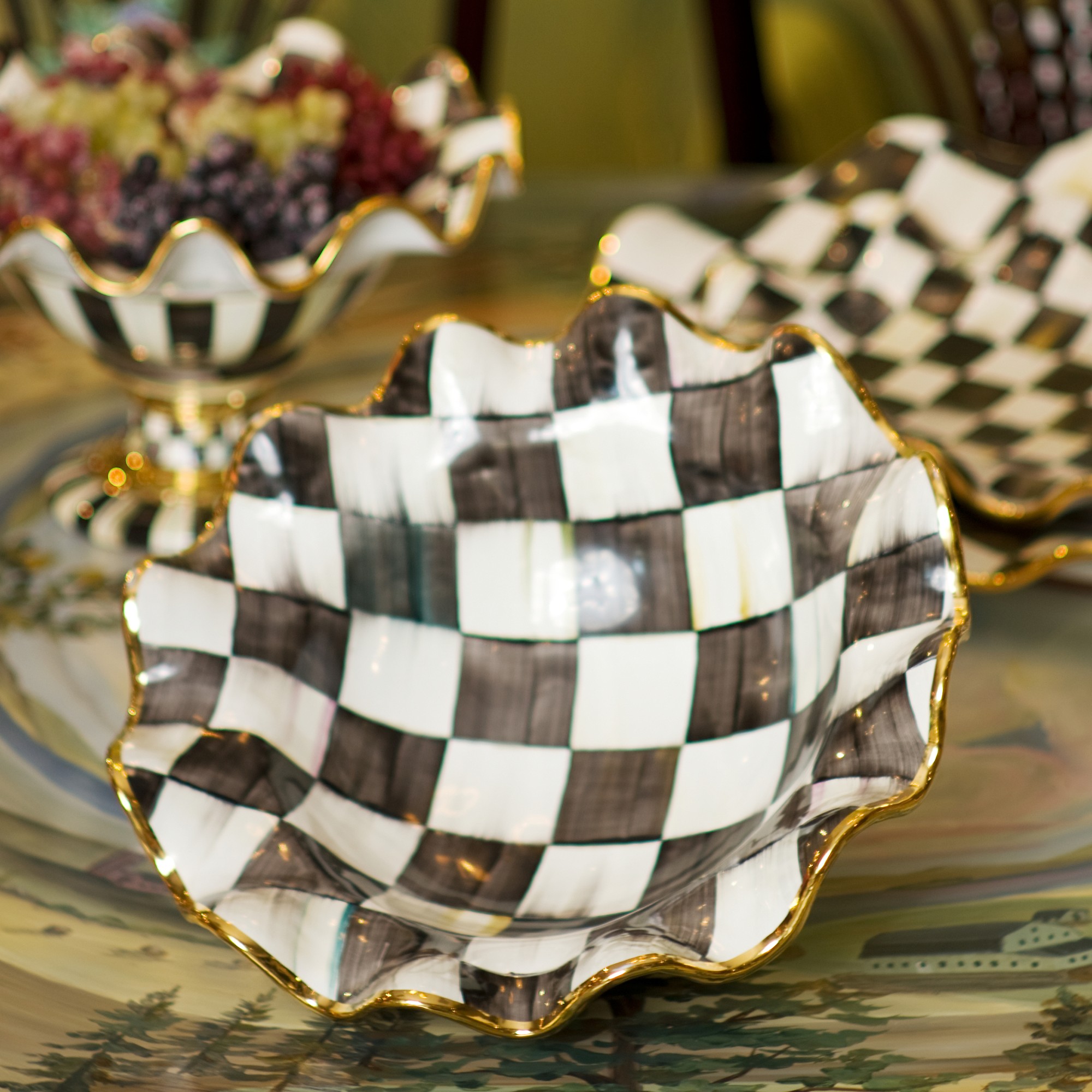 MacKenzie-Childs Courtly Check Ceramic Fluted Serving Bowl