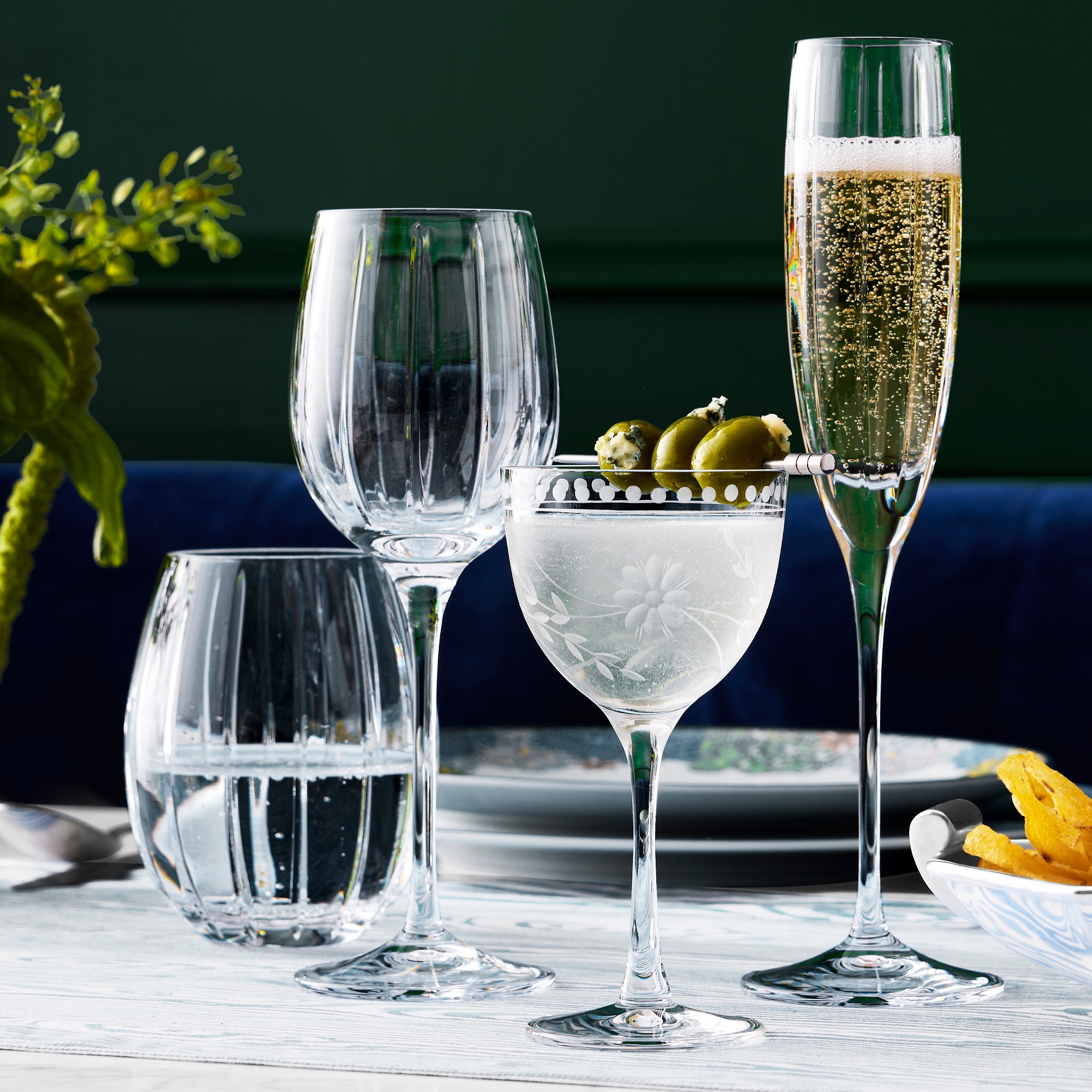 Vintage Etched Nick & Nora Glasses, Set of 4