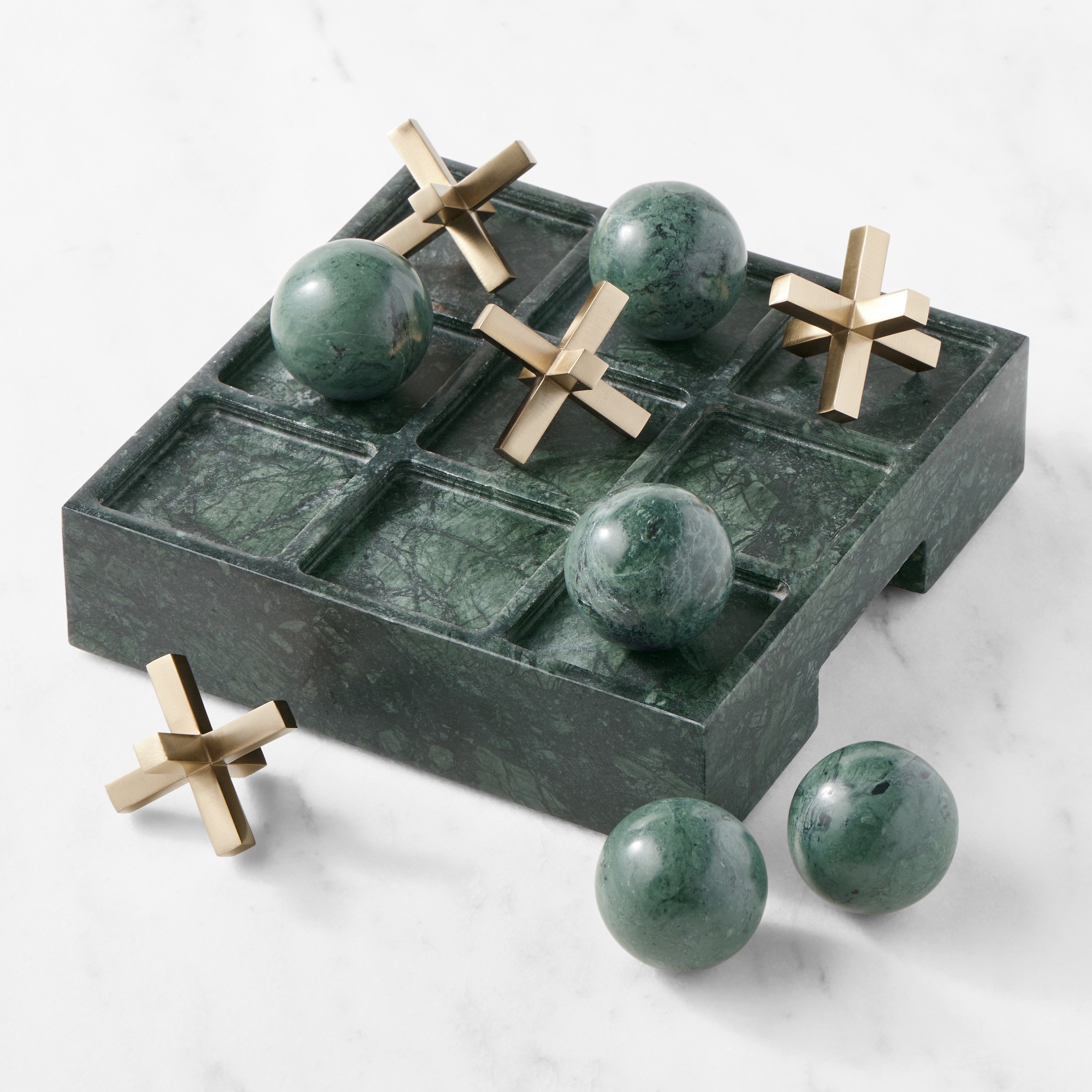 Tic Tac Toe, Green Marble & Antique Brass