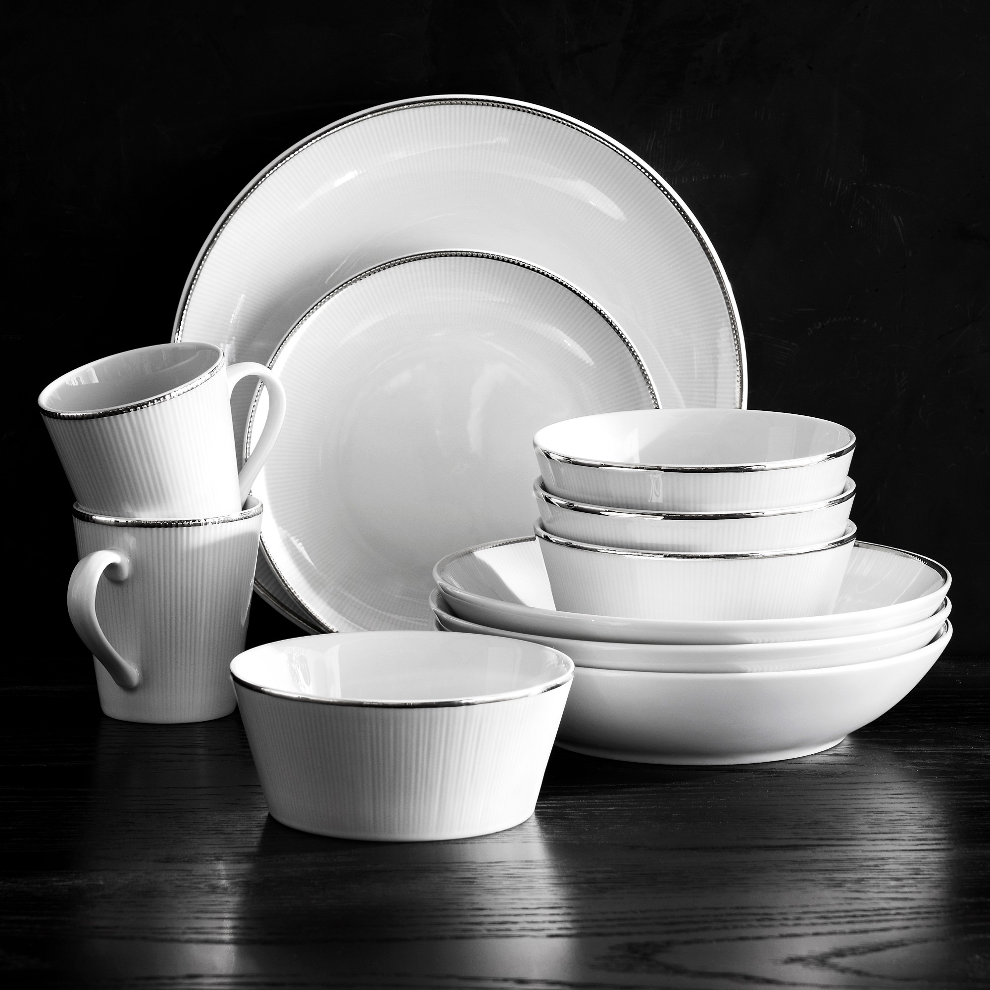 Pillivuyt Eventail Platinum Porcelain Mugs, Set of 4
