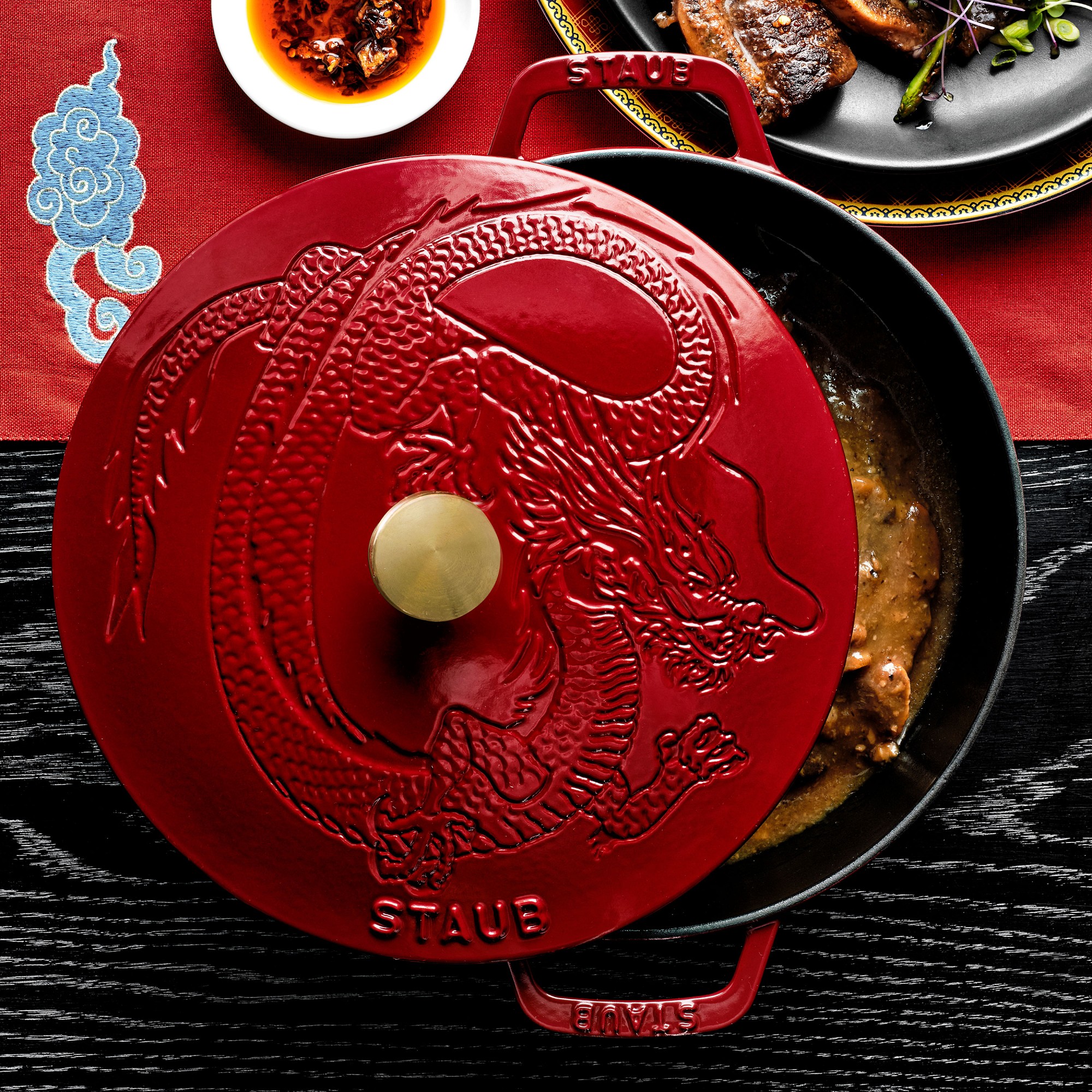 Staub Enameled Cast Iron Braiser with Dragon Lid, 2 1/2-Qt., Cranberry