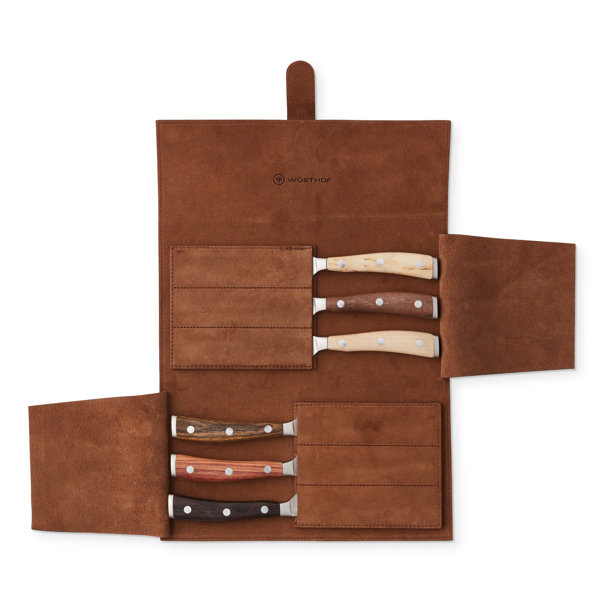 Wüsthof Ikon Mixed Wood Steak Knives with Leather Knives Roll, Set of 6