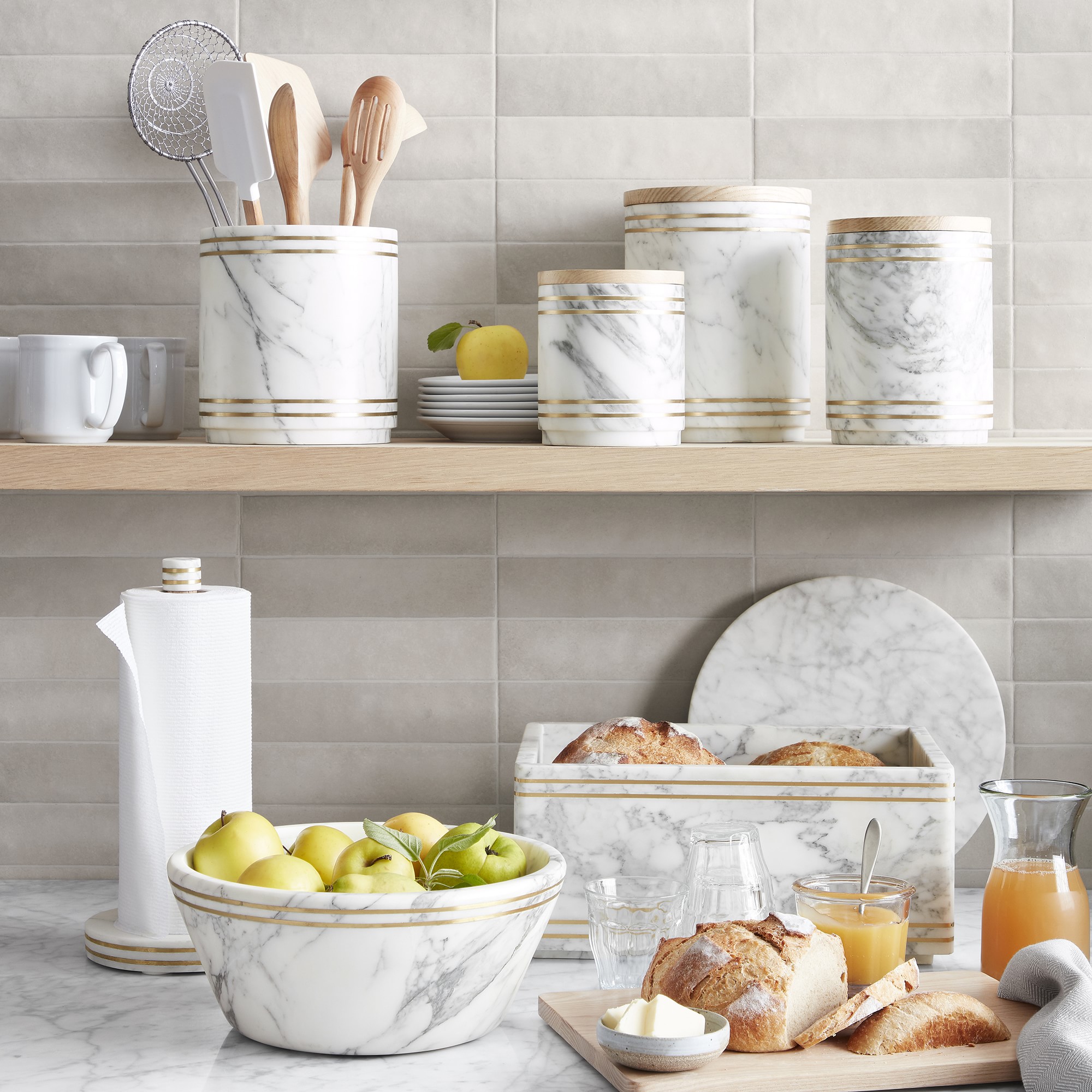 Williams Sonoma Arabescato Marble with Brass Inlay Bread Box