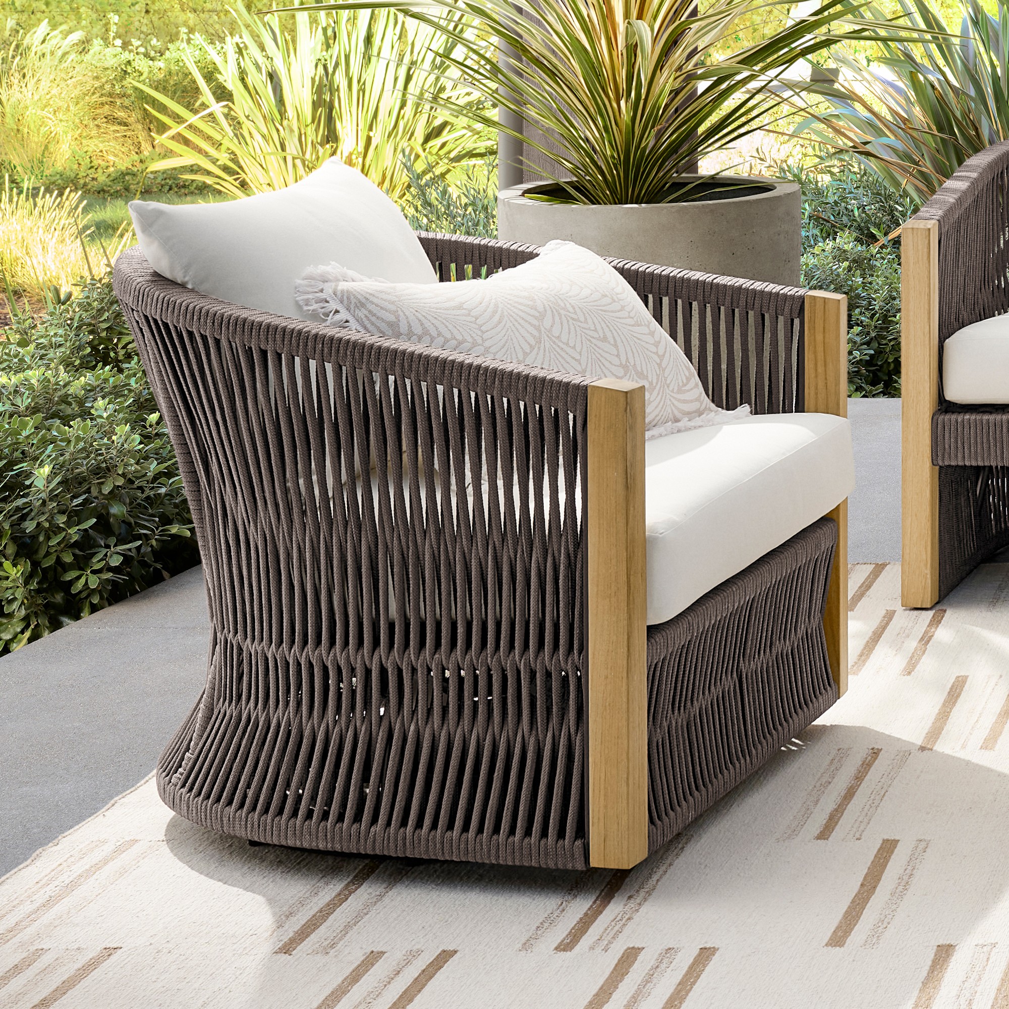 Pasadena Outdoor Teak and Brown Rope Swivel Chair