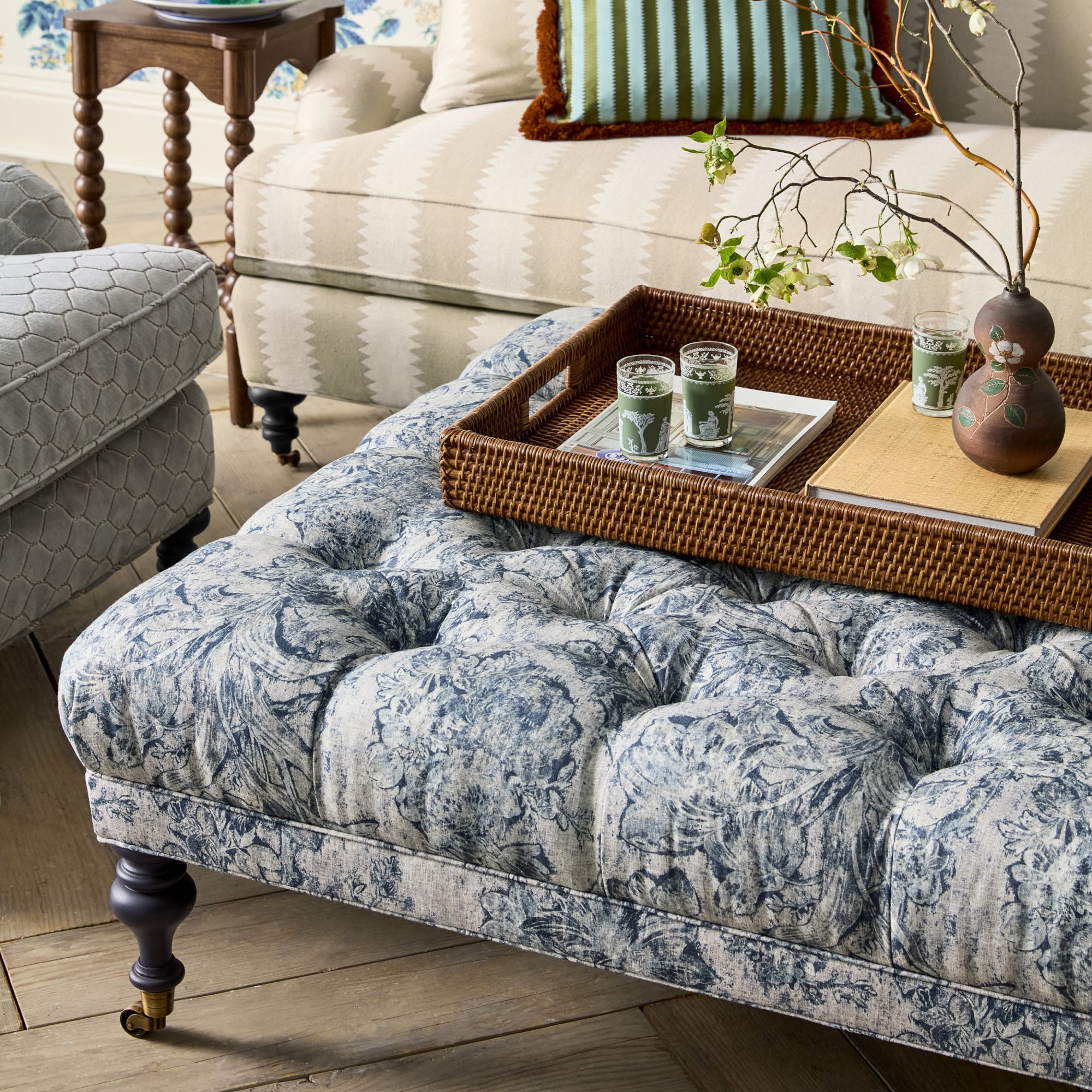 Sanderson x Giles Deacon Fairfax Bench Ottoman, Turned Leg with Tufted Top (26