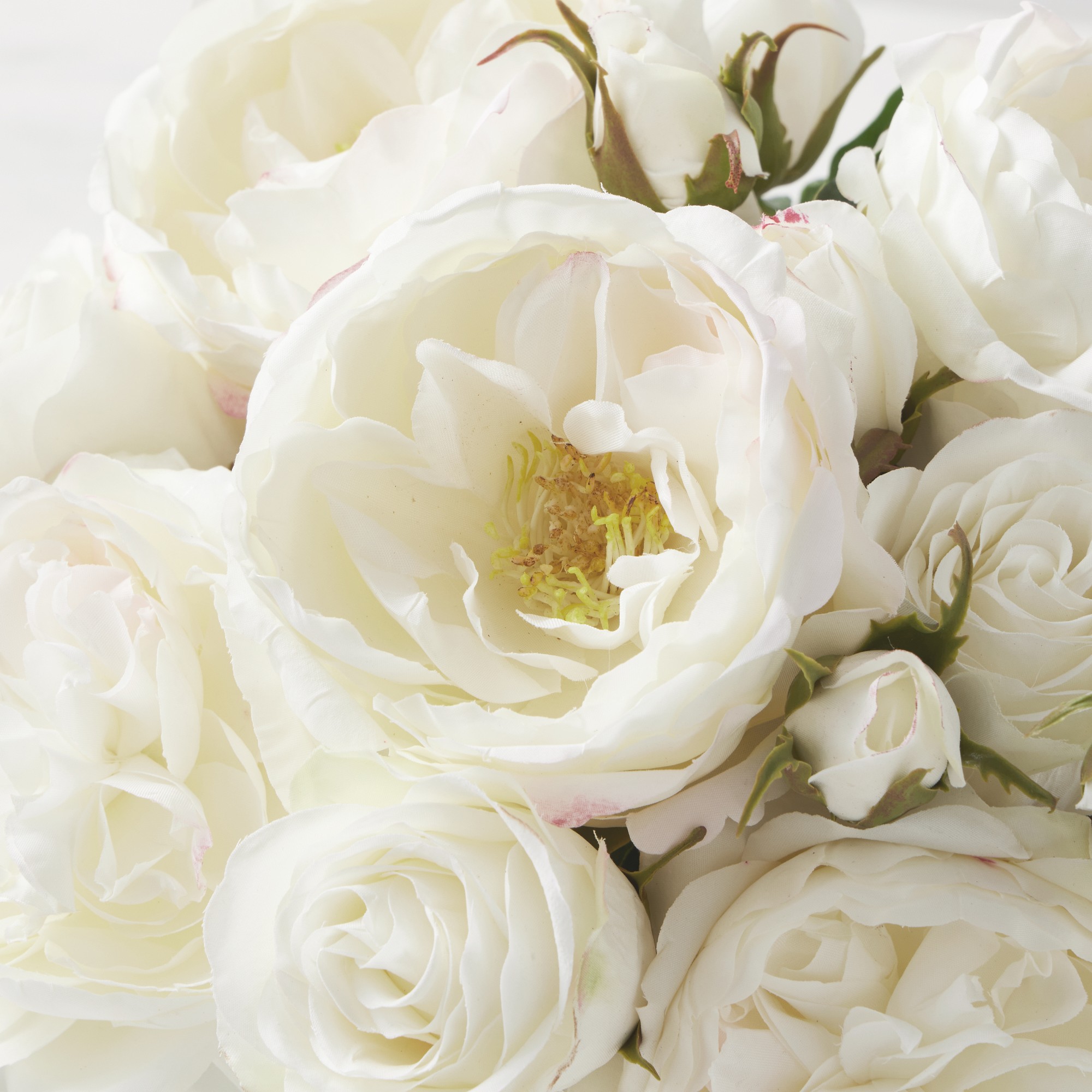 Faux White Rose Arrangement in Small Square Vase