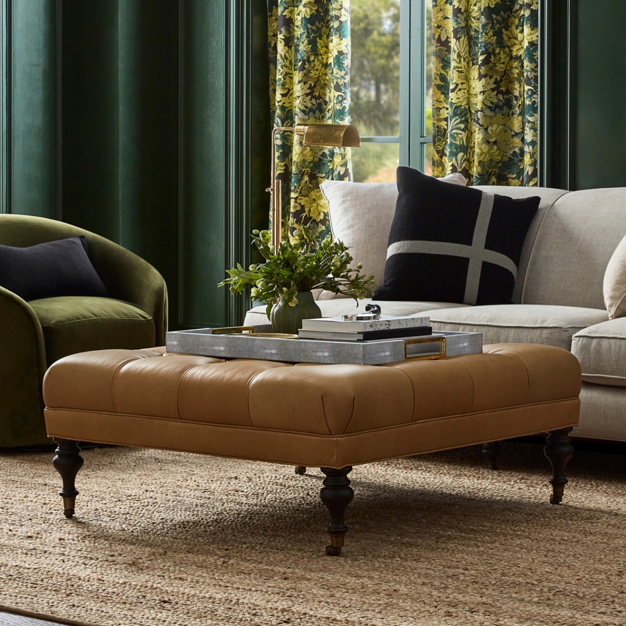 Fairfax Square Ottoman, Turned Leg with Tufted Top (26