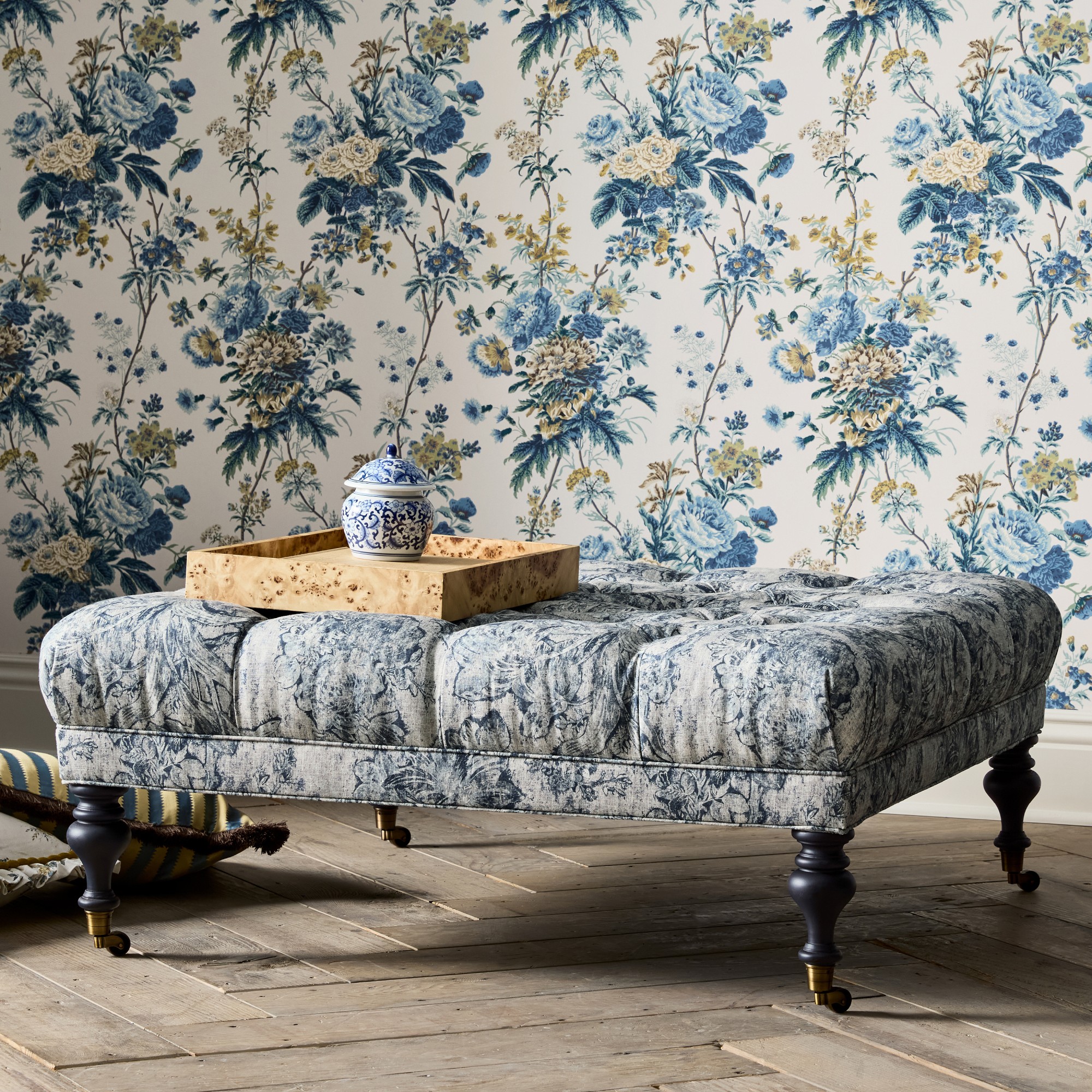 Sanderson x Giles Deacon Fairfax Bench Ottoman, Turned Leg with Tufted Top (26
