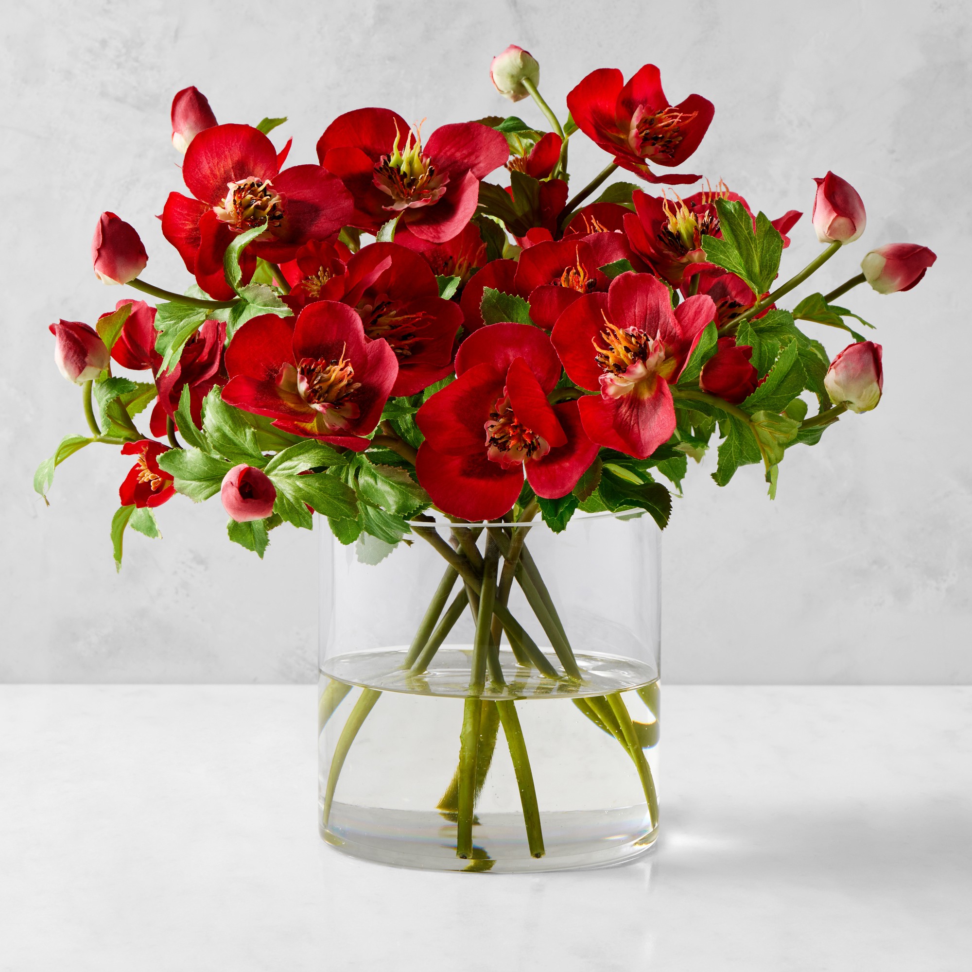 AERIN Real Touch Faux Red Hellebores Arrangement in Glass Vase