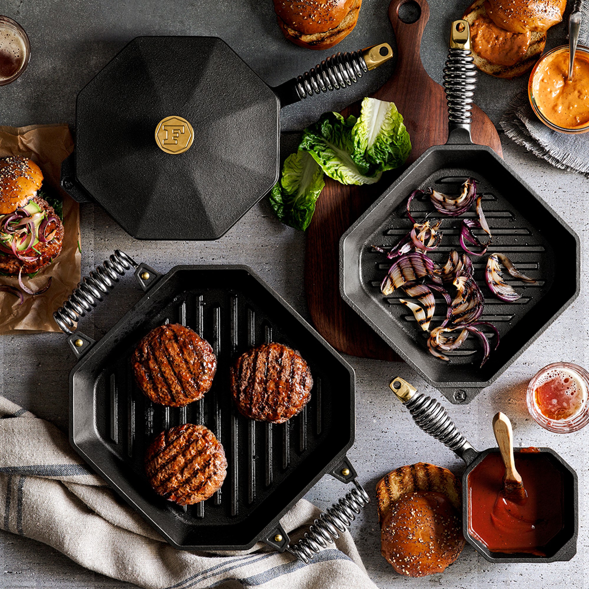 FINEX 4-Piece Seasoned Cast Iron Skillet Fry Pan Set with Lids, 10