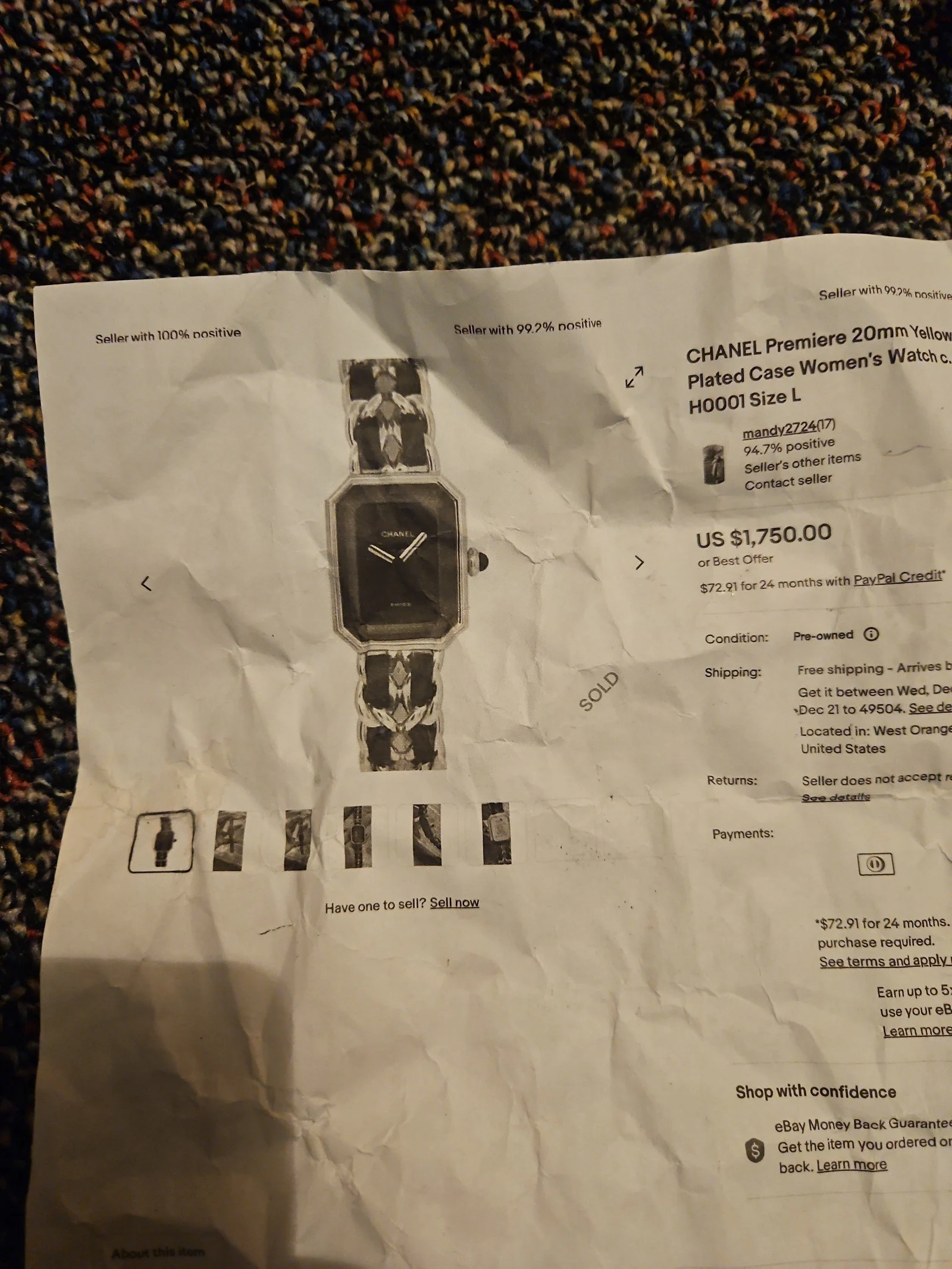 Luzry Chanel premier 20mm yellow gold Plated woman's watch 1987 very rare watch