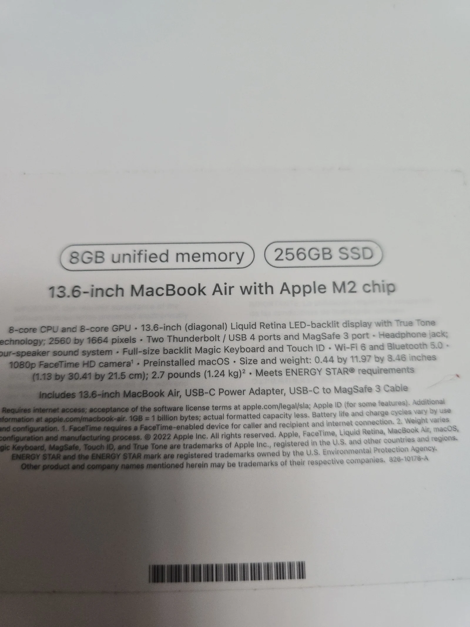 Apple Macbook Air A2681 13in. 256GB SSD 2G91