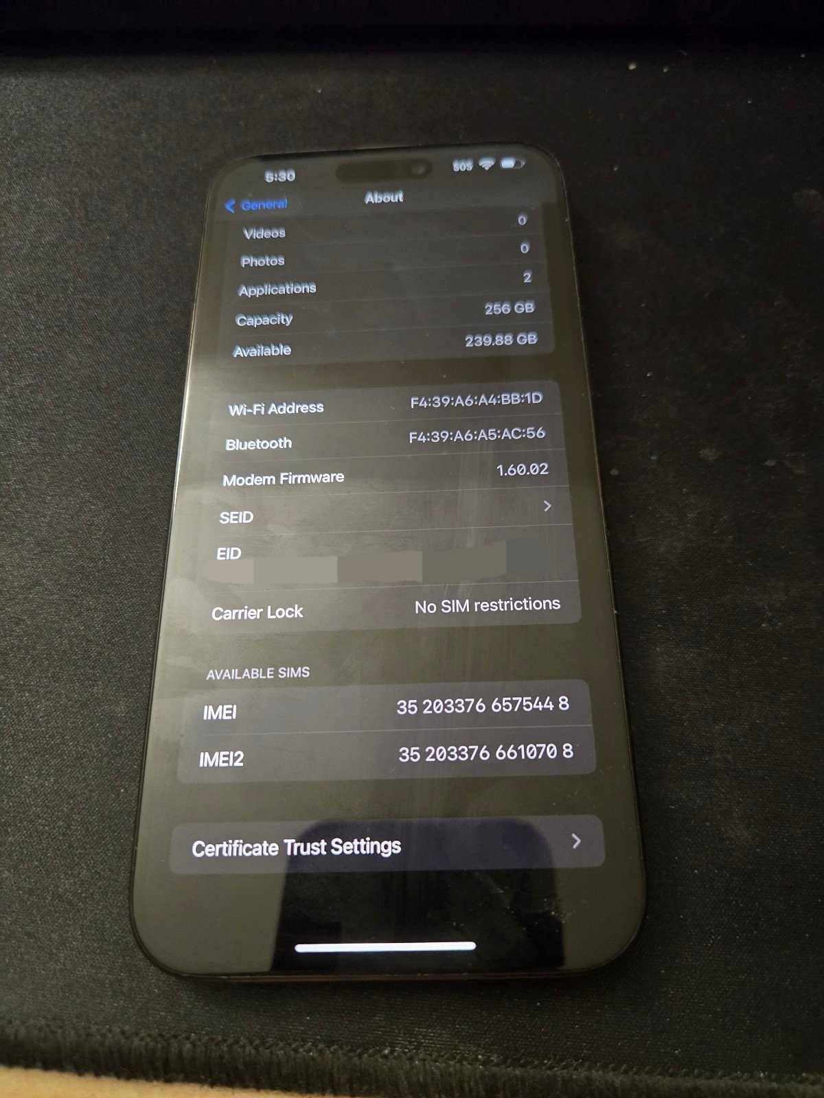 Apple iPhone 15 pro max 256gb unlocked battery 96 percent 3E81