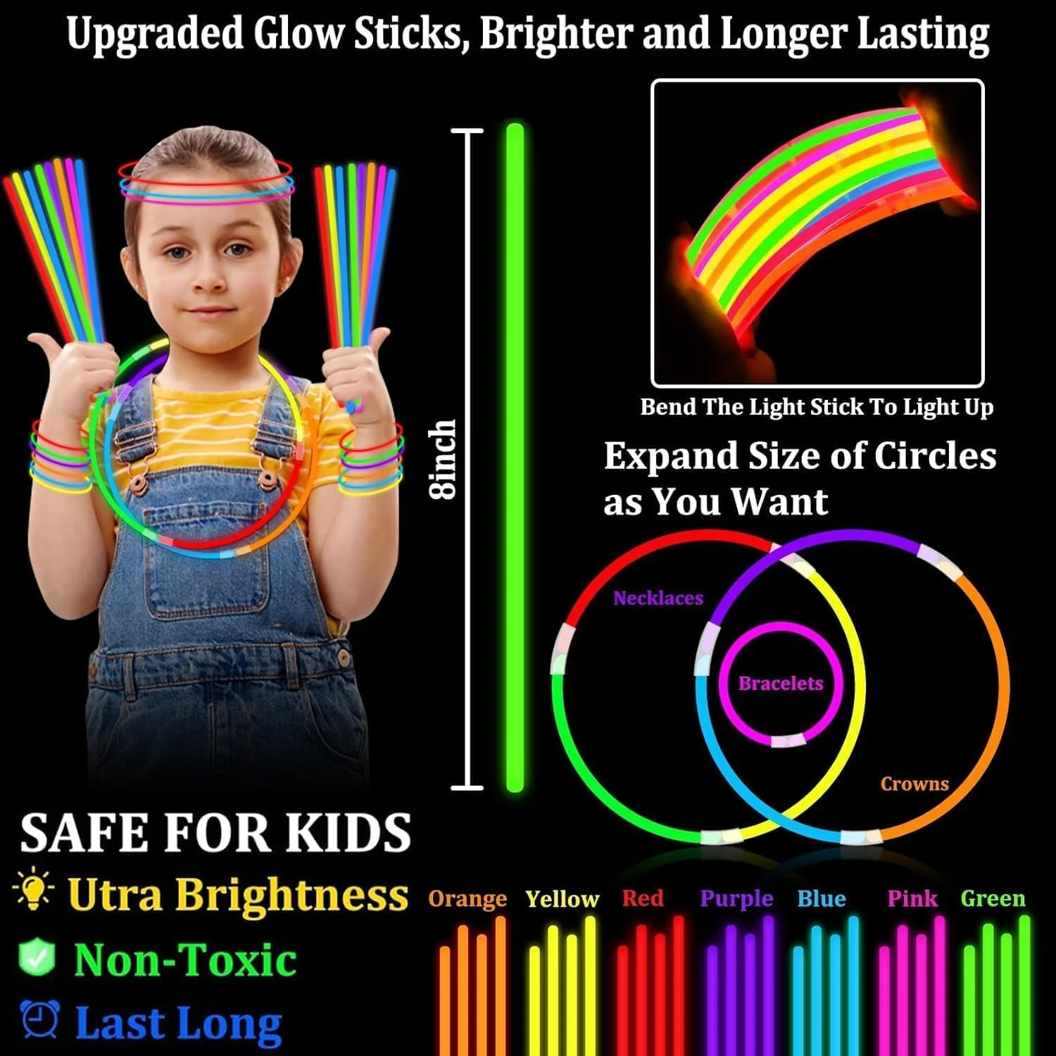 Glow Sticks Bulk Party Pack with Connectors