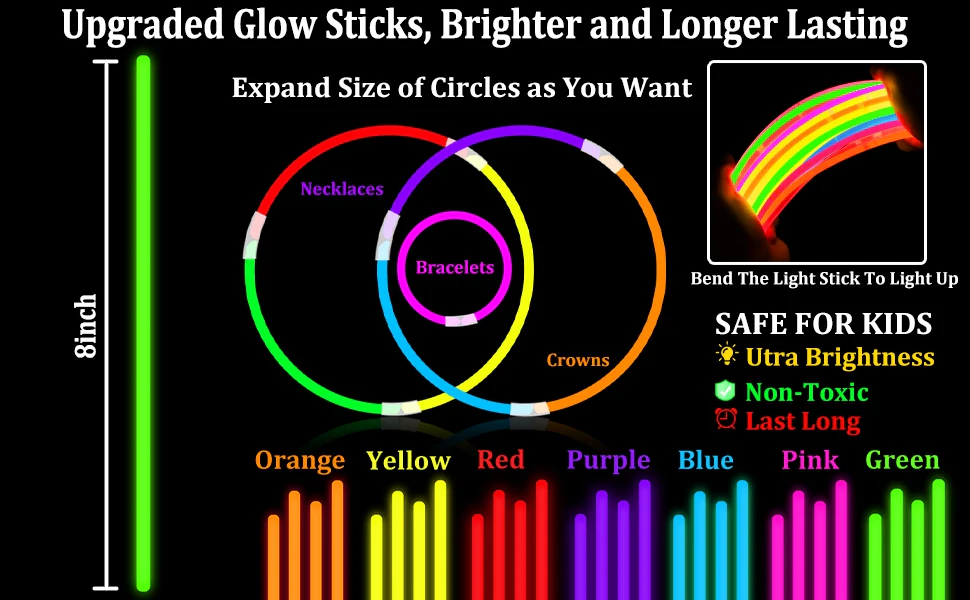 Glow Sticks Bulk Party Pack with Connectors