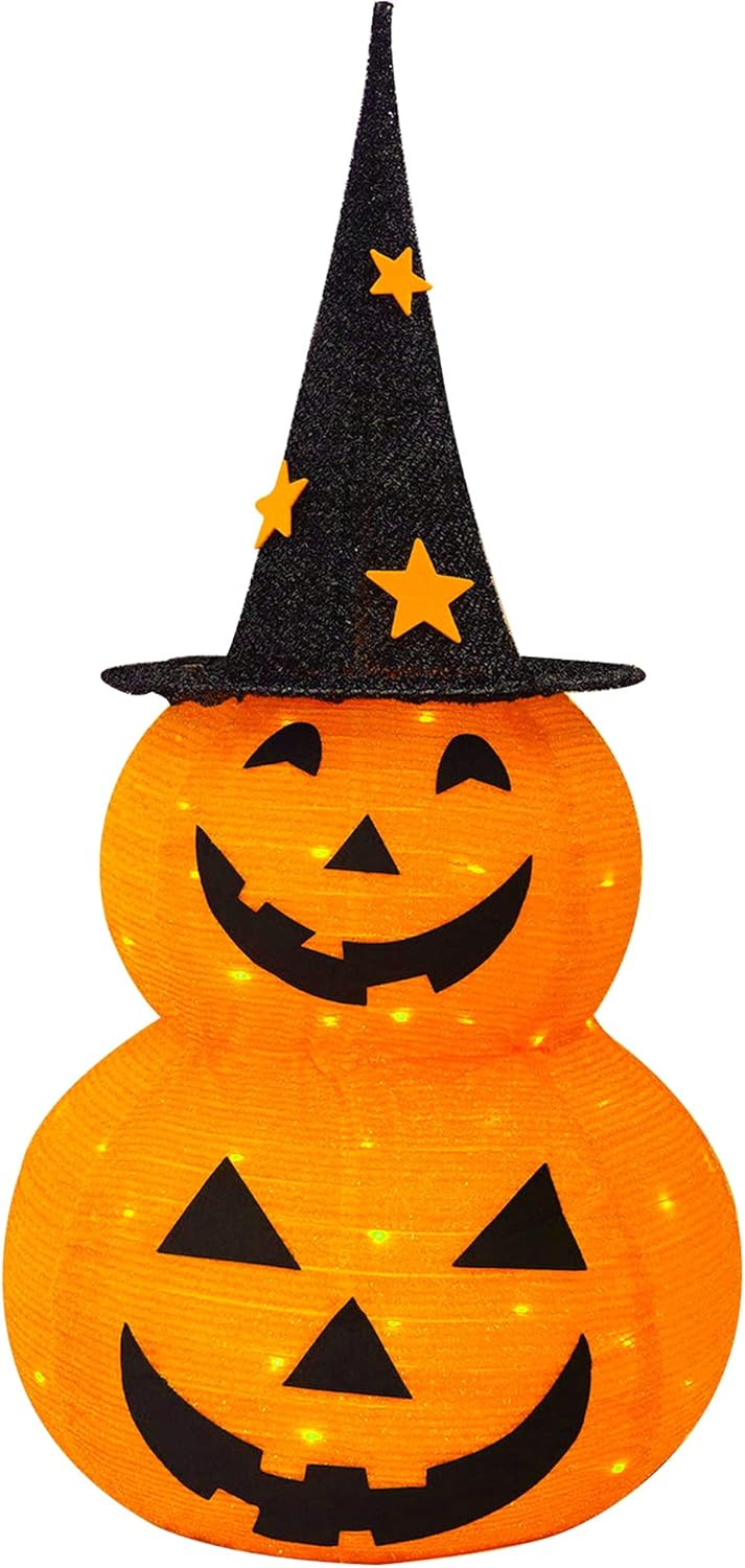 FUNPENY Halloween Collapsible Pumpkin Decorations, Pre-Lit Light Up Pumpkin with Hat, Pop Up Jack-o-Lantern with Metal Stand for Indoor Outdoor Yard Holiday Decor (5FT Pumpkin)