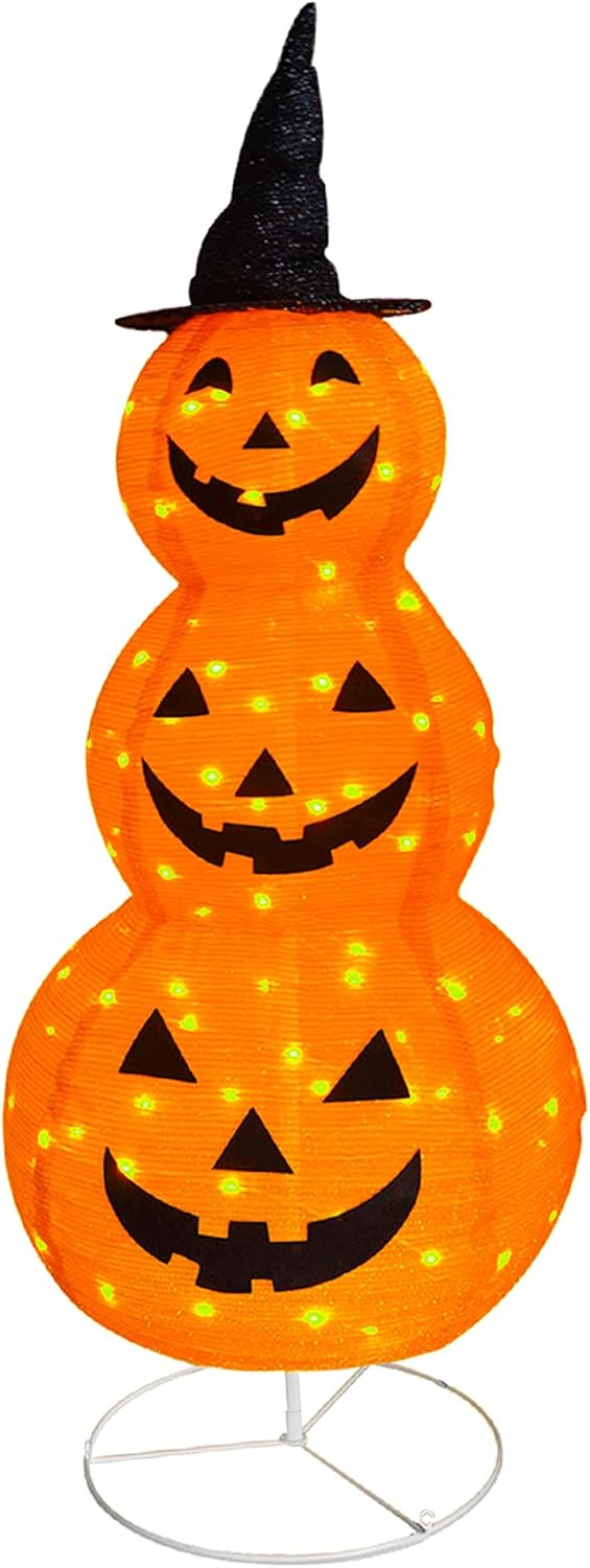 FUNPENY Halloween Collapsible Pumpkin Decorations, Pre-Lit Light Up Pumpkin with Hat, Pop Up Jack-o-Lantern with Metal Stand for Indoor Outdoor Yard Holiday Decor (5FT Pumpkin)
